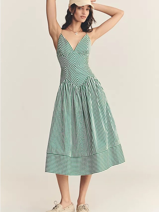 FARM Rio Dresses & Skirts - FARM Rio Striped Cotton V-Neck Drop-Waist Midi Dress